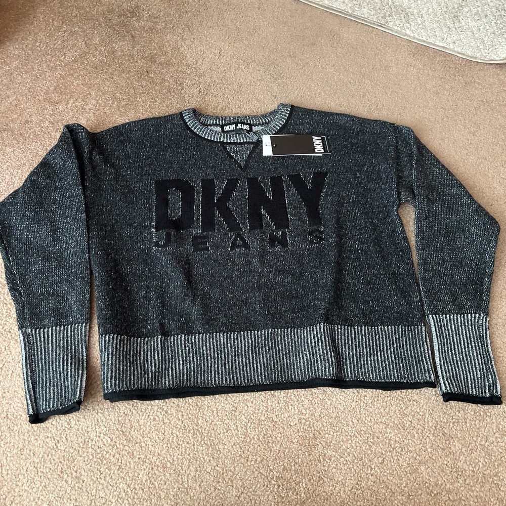 DKNY Women's Black and Gray Crewneck Sweater